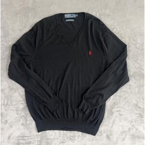 Polo Ralph Lauren Sweater Mens XL Black V Neck 100% Pima‎ Cotton Red Pony Logo